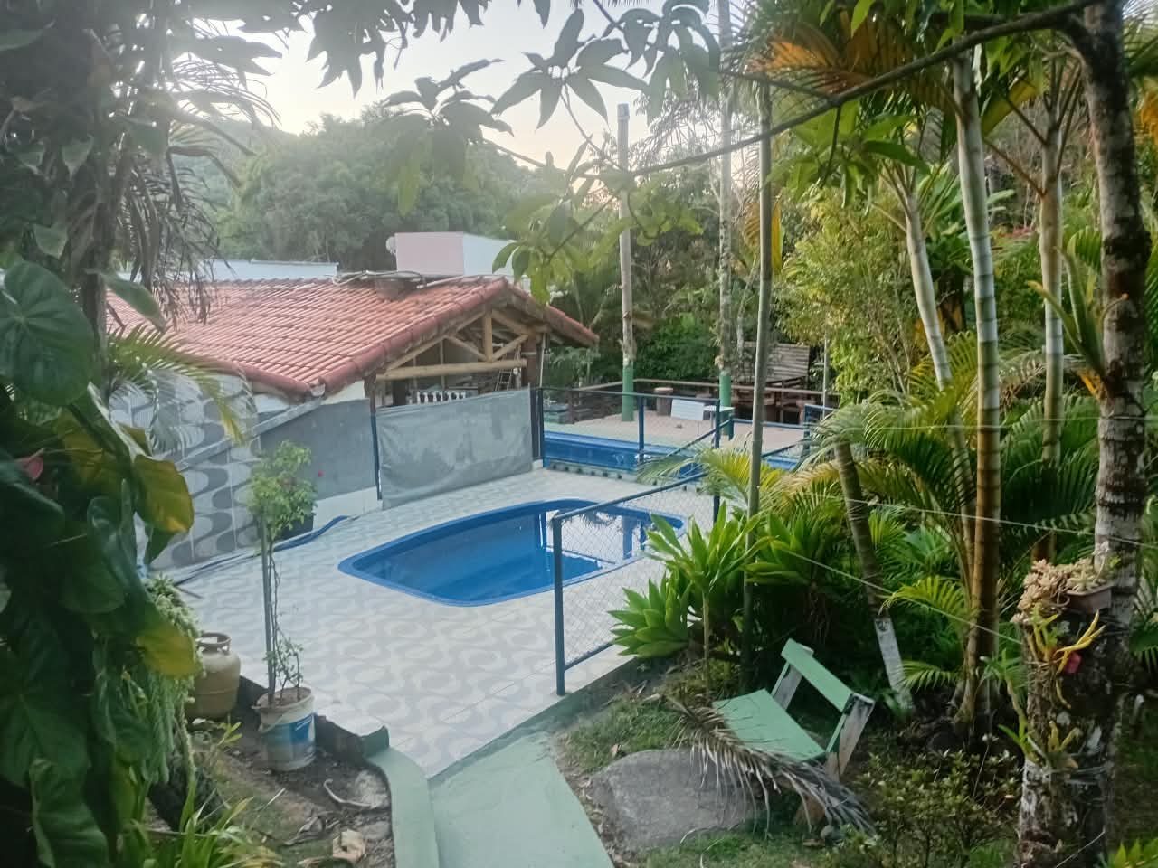 Vista da área da piscina da chácara, com deck, varanda coberta e vegetação tropical exuberante, mostrando o espaço ideal para lazer e eventos.