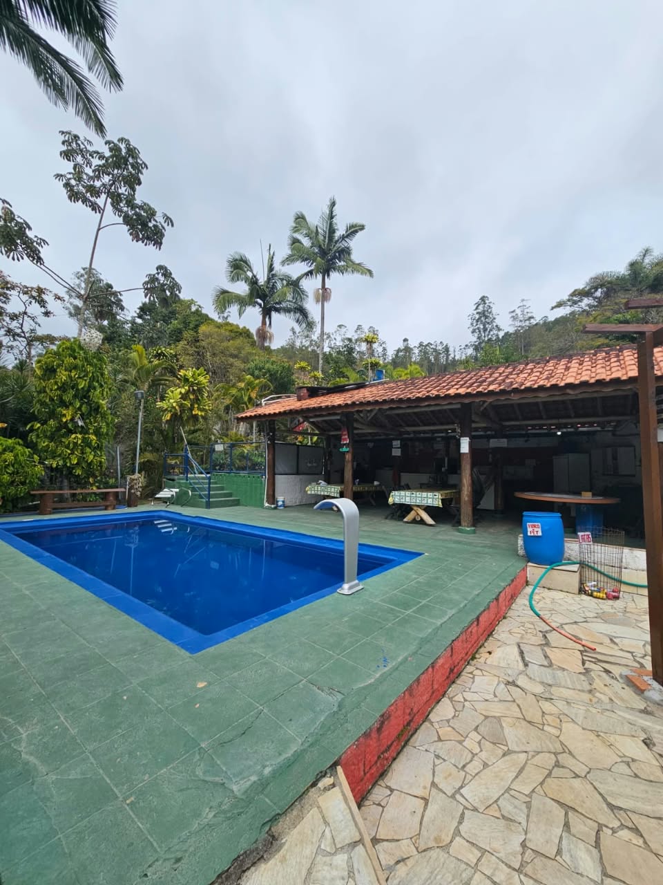 Área da piscina com deck verde, coqueiros e espaço coberto com mesas, ideal para destacar a estrutura de lazer da chácara para eventos e hospedagem.
